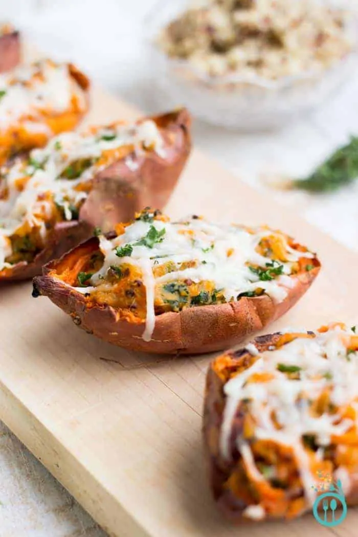 Healthy Loaded Sweet Potato Skins stuffed with kale, quinoa and covered in shredded goat cheese! [vegetarian + gluten-free]