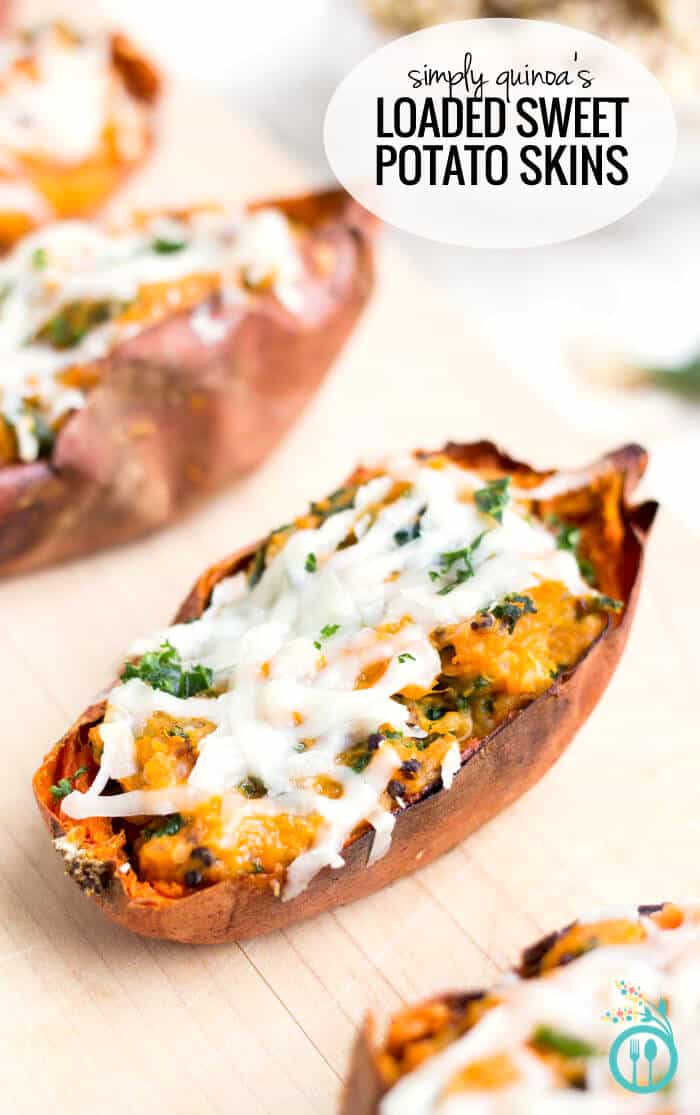 Healthy Loaded Sweet Potato Skins stuffed with kale, quinoa and covered in shredded goat cheese! [vegetarian + gluten-free]