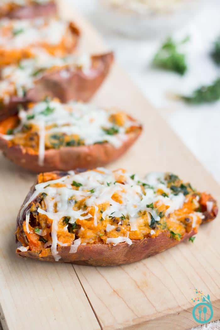 Healthy Loaded Sweet Potato Skins stuffed with kale, quinoa and covered in shredded goat cheese! [vegetarian + gluten-free]