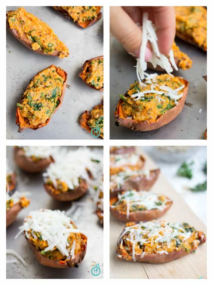 Healthy Loaded Sweet Potato Skins stuffed with kale, quinoa and covered in shredded goat cheese! [vegetarian + gluten-free]