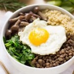 A warm and comforting QUINOA BOWL with hearty French Lentils and flavor packed mushrooms. All topped with a perfect fried egg on top!