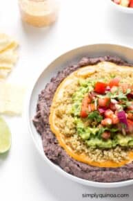 Clean Eating Refried Bean Dip made with five layers of healthy ingredients and 100% gluten-free + vegan too!