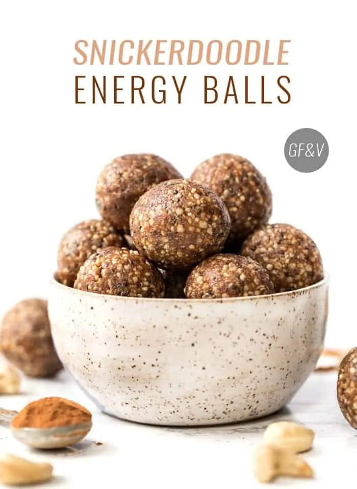 vegan snickerdoodle energy bites with dates, cashews and quinoa puffs