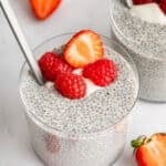 Cup of vanilla chia pudding with fresh berries.