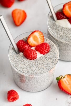 Cup of vanilla chia pudding with fresh berries.