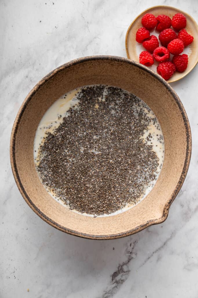 This vanilla chia pudding makes the perfect breakfast, but it tastes like dessert! It's easy to make and so delicious. Chia seeds added to bowl of milk.