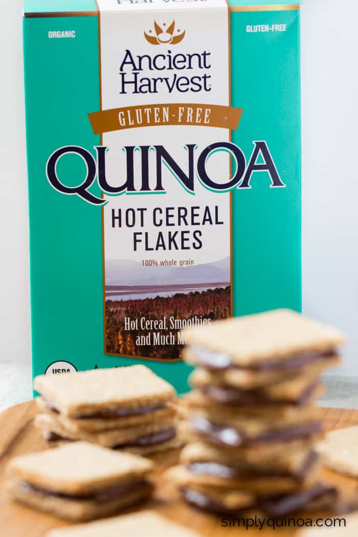 Ancient Harvest Quinoa Flakes are used to make these ultra decadent peanut butter quinoa cracker + nutella sandwiches!