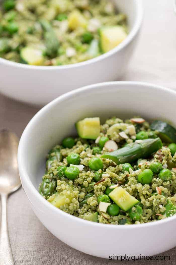 Spring Pesto Quinoa Bowl made with fresh, seasonal produce and tossed in a healthy homemade pesto sauce