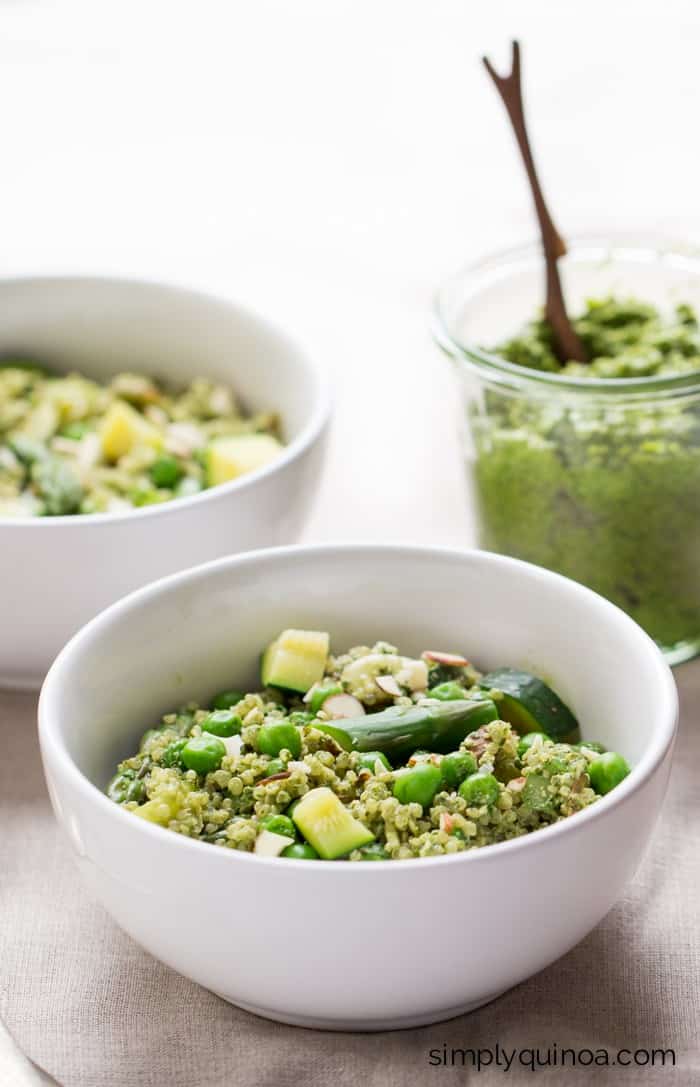 Spring Pesto Quinoa Bowl made with fresh, seasonal produce and tossed in a healthy homemade pesto sauce