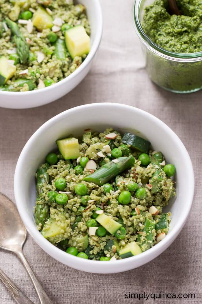 Spring Pesto Quinoa Bowl made with fresh, seasonal produce and tossed in a healthy homemade pesto sauce