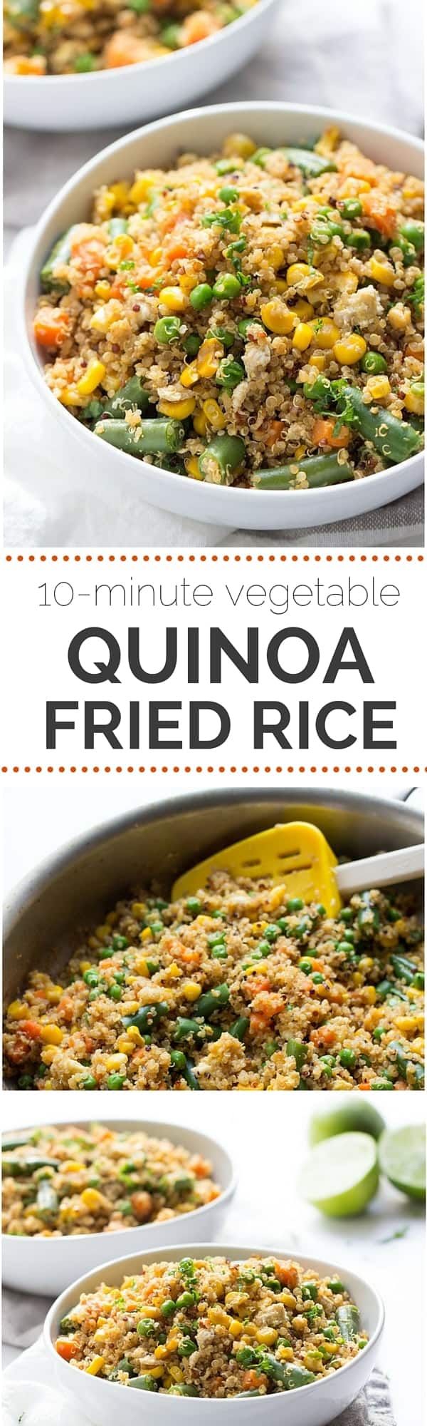 Super Easy Vegetable Quinoa Fried Rice that's made in less than 10 minutes and uses only 8 ingredients! (it's also gluten-free + vegetarian)