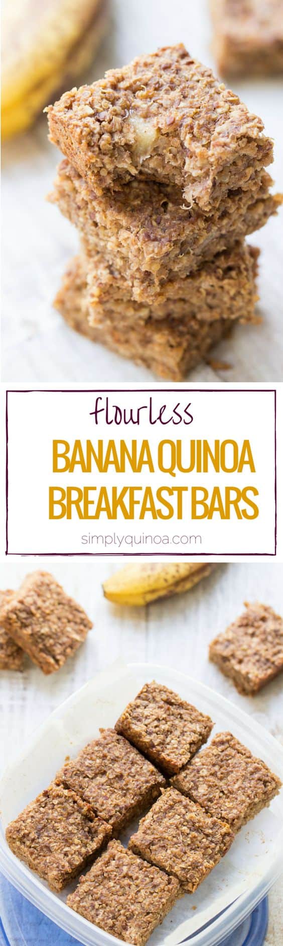Flourless Banana + Quinoa Breakfast Bars // These are HEALTHY + DELICIOUS! Plus, they're made without gluten, refined sugar and eggs!