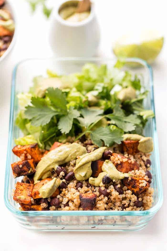 meal prep chili roasted sweet potato and black bean quinoa salad