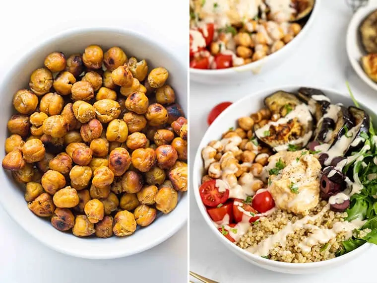 Side by side with a picture of a bowl of crispy chickpeas and a picture of a quinoa bowl topped with arugula, tomatoes, hummus, olives, chickpeas, eggplant, and tahini sauce