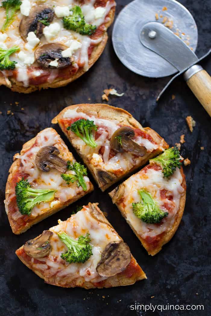Short on time? You've got to try this Mushroom + Broccoli Quinoa Pizza recipe. It's quick, easy and SO delicious! [gluten-free + vegetarian]