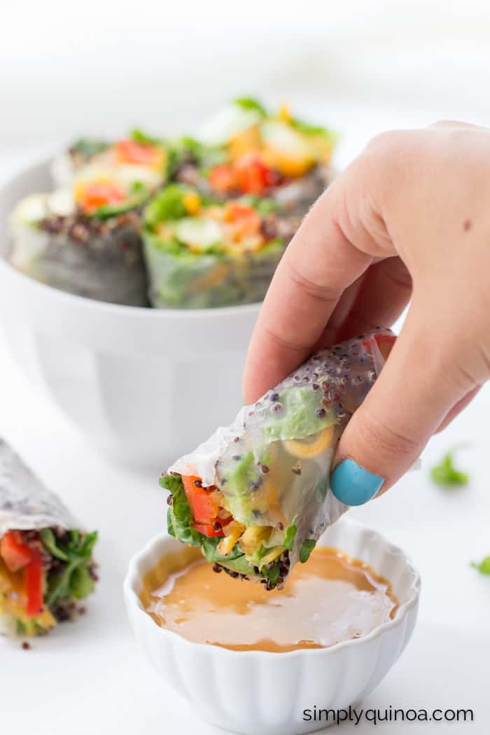 Quinoa Summer Rolls // dipped in a spicy peanut sauce, these are not only healthy, but also delicious and packed full of flavor!