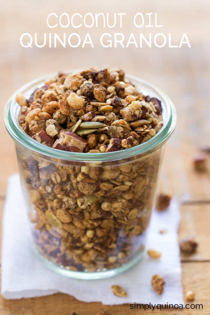 Vegan Coconut Oil Quinoa Granola made with a blend of oats and quinoa flakes, nuts and seeds, and sweetened with maple syrup