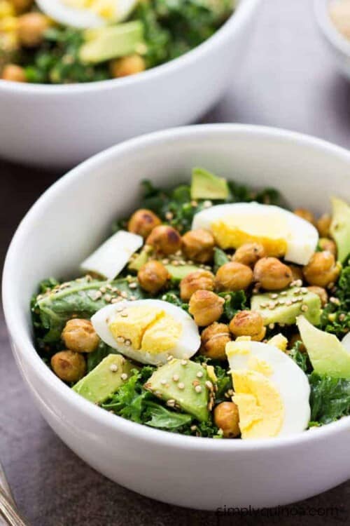 Totally Addicting Vegetarian Kale Salad with crispy chickpeas, hard boiled eggs and toasted quinoa
