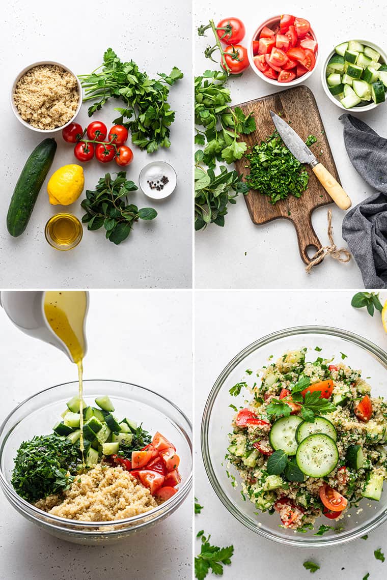 This healthy quinoa tabbouleh salad is light, refreshing, and flavorful. It's also quick and easy, requiring only a few simple ingredients! collage of four images showing how to make quinoa tabbouleh salad
