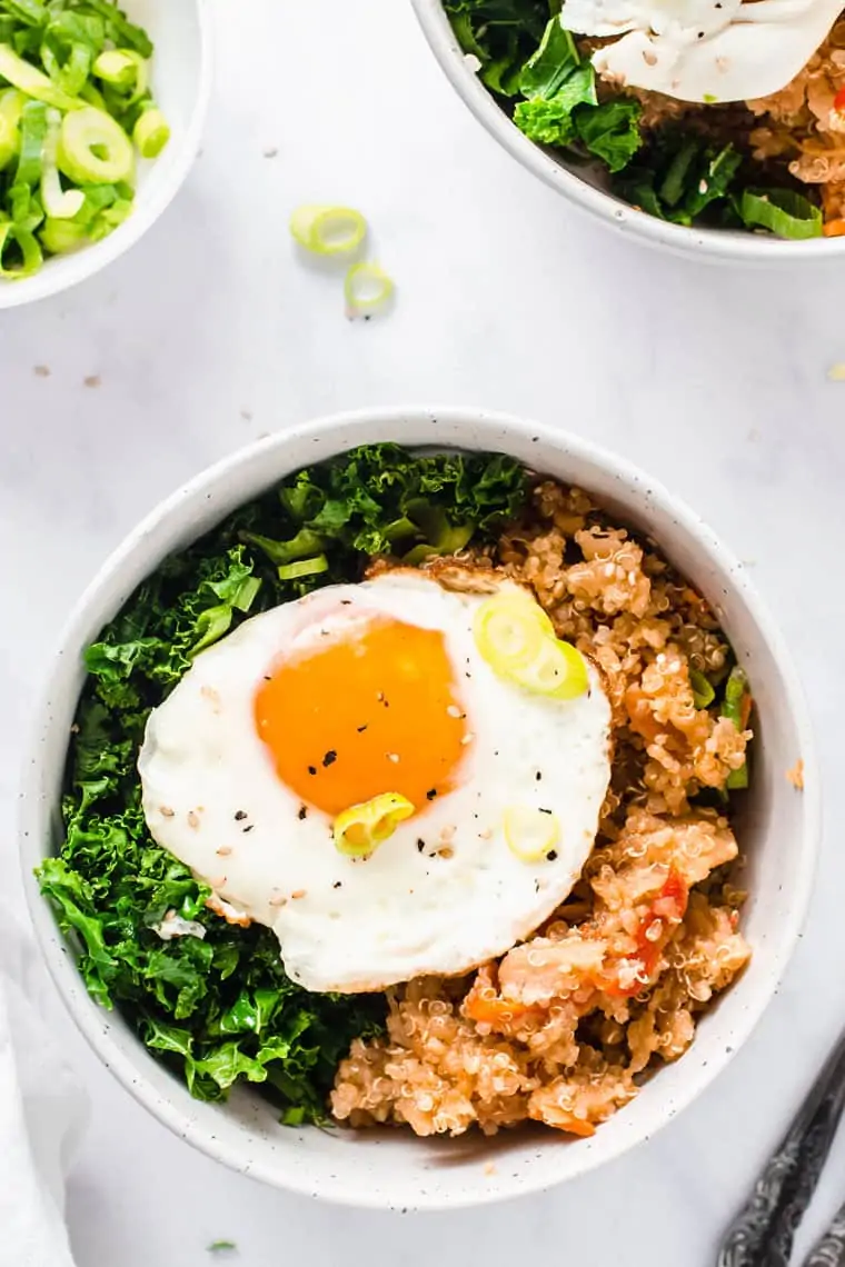 spicy kimchi quinoa bowls with fried egg