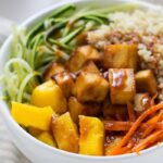 Teriyaki Quinoa Bowls with crispy baked tofu, spiralized veggies and fluffy quinoa