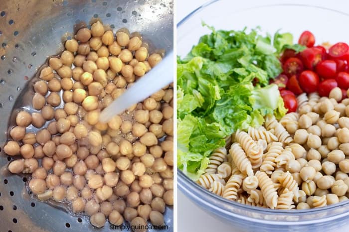 Caesar Pasta Salad made with a vegan dressing, chickpeas, lettuce and tomato