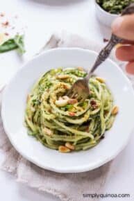 Healthy Pesto Zucchini Noodle with Quinoa | www.simplyquinoa.com | the best weeknight meal EVER! It only takes 5 minutes to make
