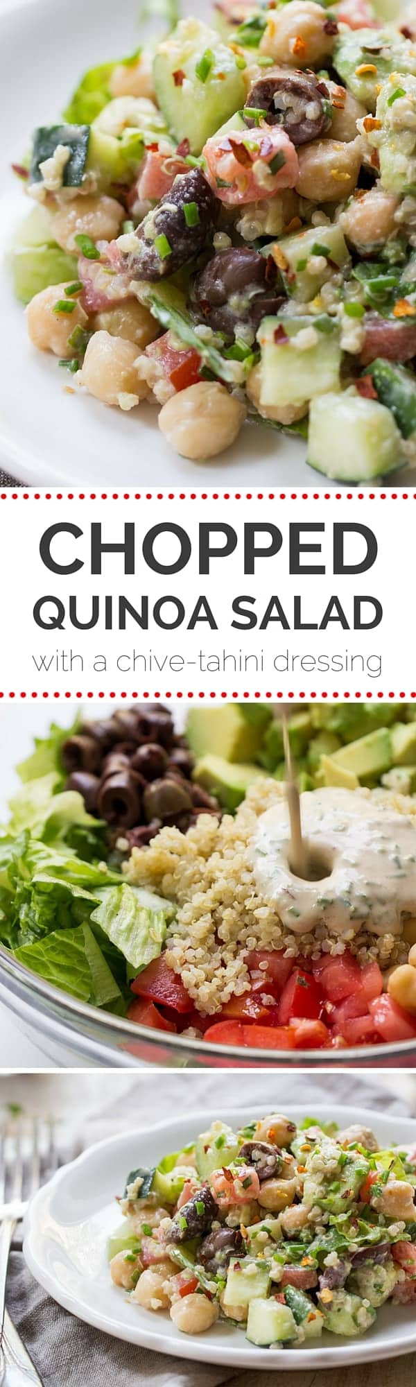This AMAZING Chopped Quinoa Salad is made with fresh veggies, olives and chickpeas, and is tossed with a creamy Chive-Tahini Dressing | recipe on simplyquinoa.com