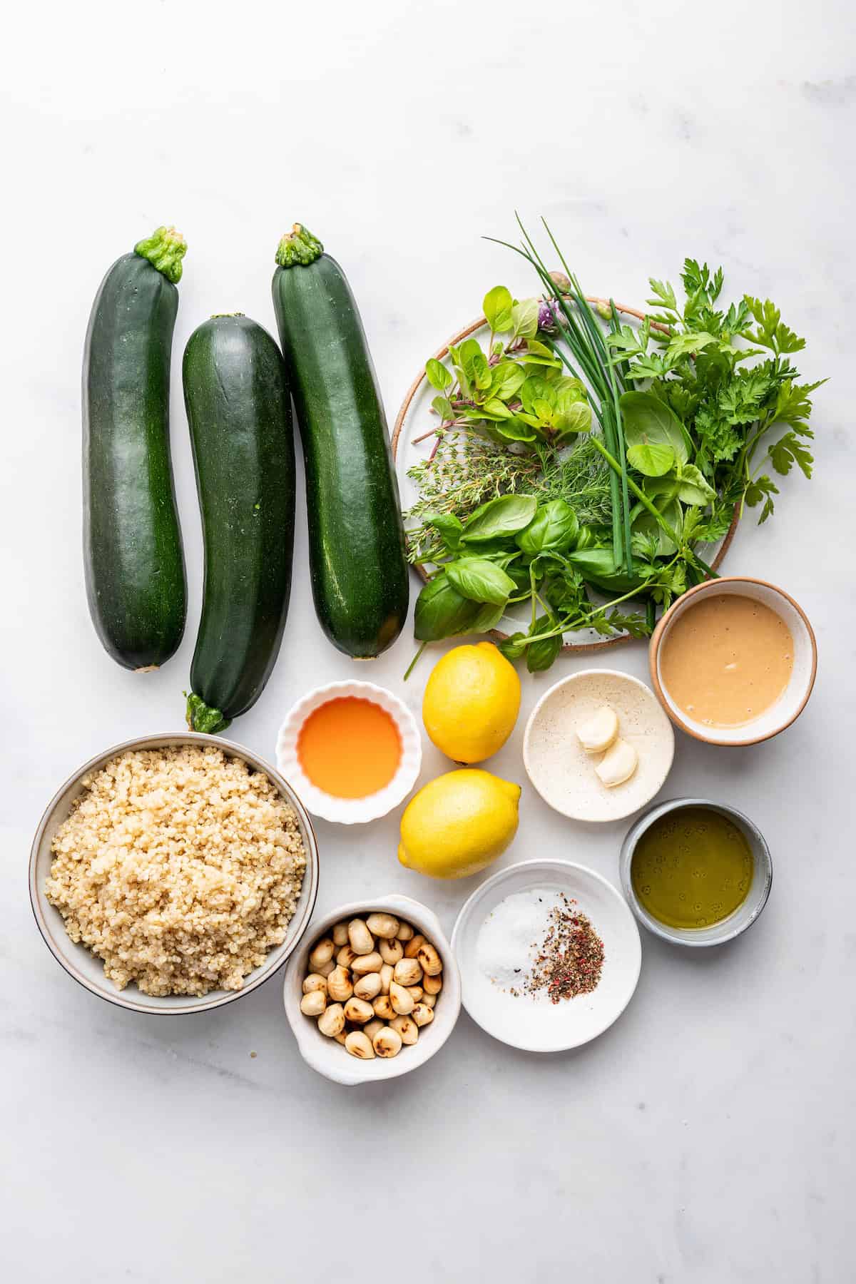 Overhead view of ingredients for stuffed zucchini boats
