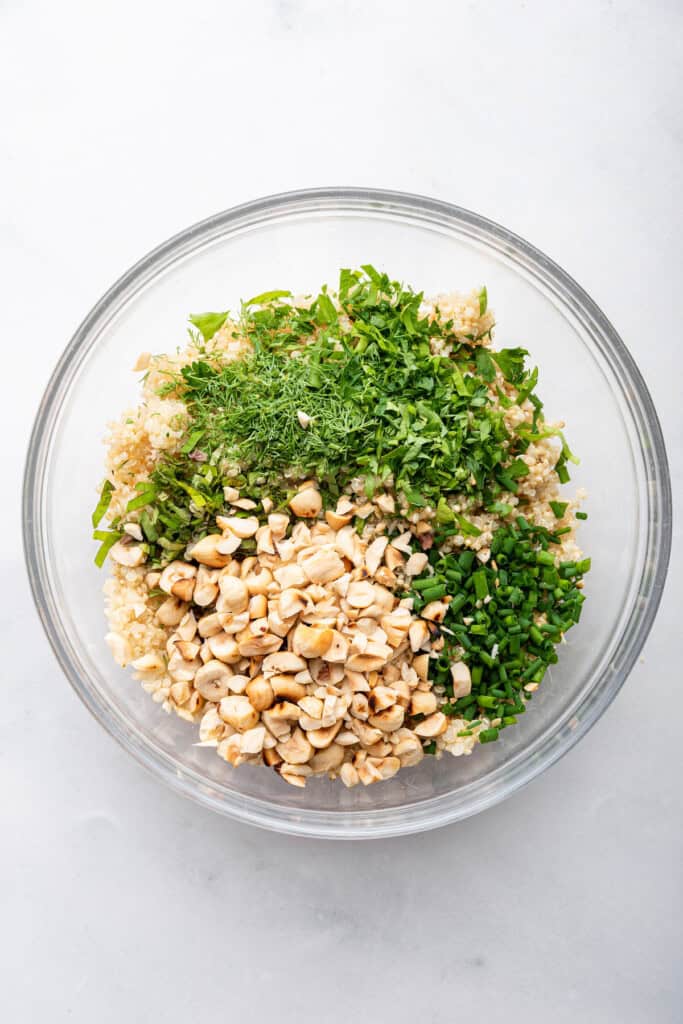 Overhead view of ingredients for quinoa filling in bowl