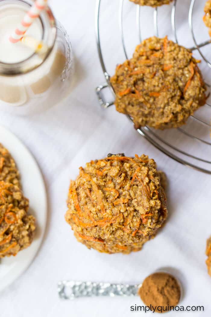 These healthy Carrot Cake Breakfast Cookies are made with ONE-BOWL and are packed full of quinoa | gluten-free + vegan | simplyquinoa.com
