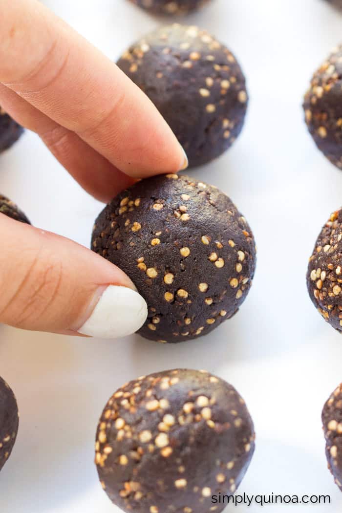 Dark Chocolate Quinoa Energy Bites with tahini! They're AMAZING and easy, only 5 ingredients | gluten-free + vegan | recipe on simplyquinoa.com