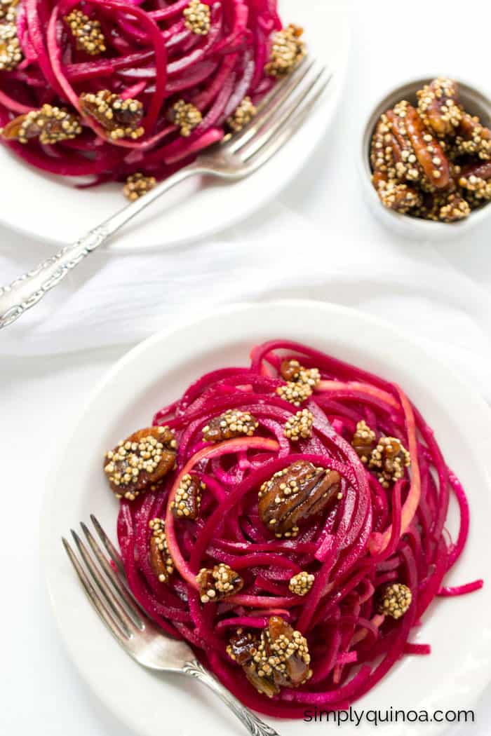 This simple beet noodle salad makes spiralized vegetables fun and delicious! With an easy vinaigrette, it's a hassle-free lunch for dinner option