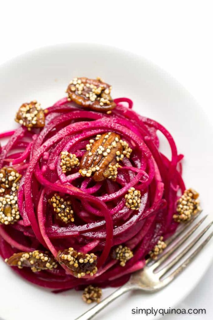 Apple + Beet Noodle Salad with Candied Pecans and Quinoa - a simple, healthy and flavorful salad that's perfect for fall