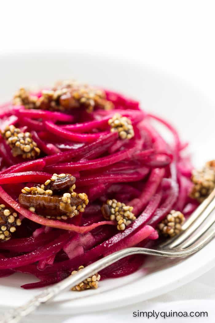 A detoxifying beet noodle salad tossed in a simple lemon-dijon-maple dressing! (vegan + gluten-free)