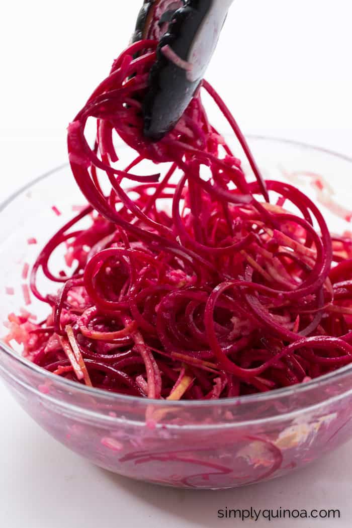 Easy beet noodle salad with apples and tossed in a lemon, dijon + maple vinaigrette - makes for a healthy weeknight dinner!