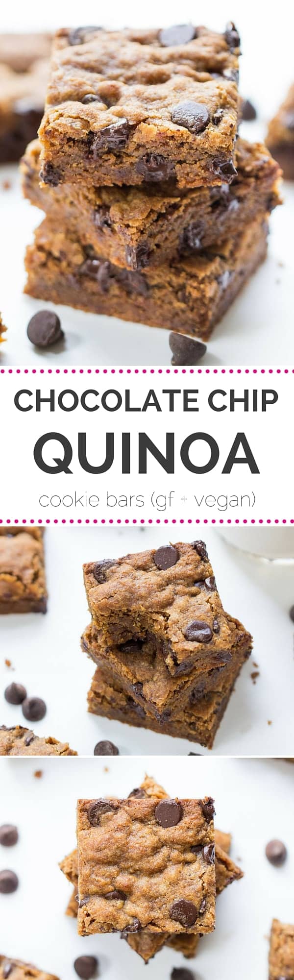 Seriously AMAZING gluten-free chocolate chip cookie bars using quinoa flour, coconut sugar and NO eggs!