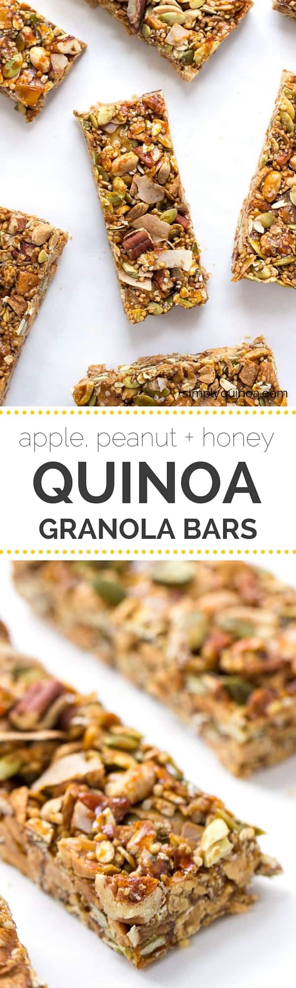 Apple, Peanut + Honey Quinoa Granola Bars -- they're NO-BAKE, healthy and will actually keep you full when you need a snack!