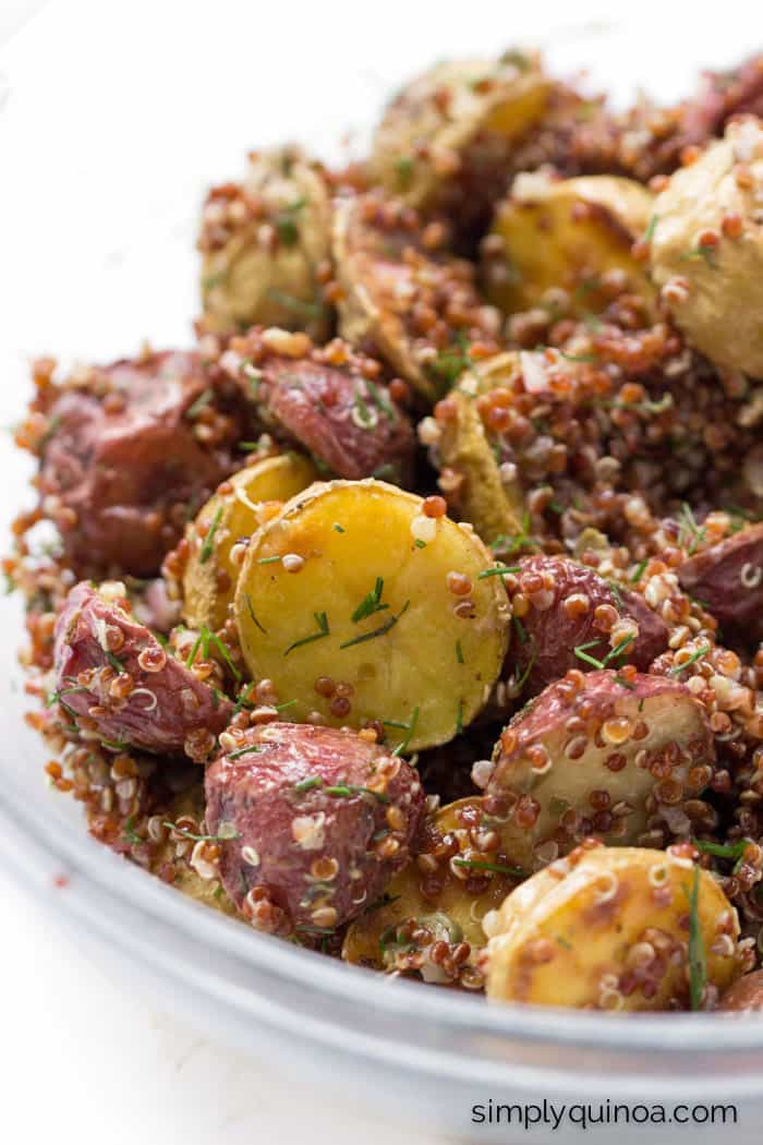 The ULTIMATE potato salad >> using roasted new potatoes, red quinoa and tossed in a shallot-caper dressing 