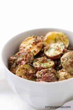 Roasted Potato + Red Quinoa Salad tossed in a shallot, caper + lemon dressing!