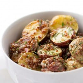Roasted Potato + Red Quinoa Salad tossed in a shallot, caper + lemon dressing!