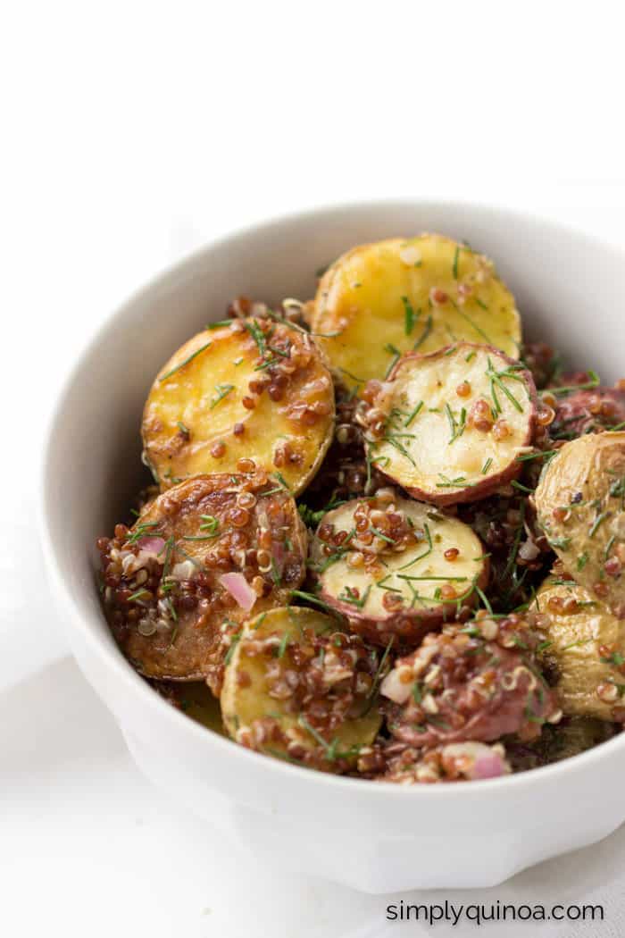 Roasted Potato + Red Quinoa Salad tossed in a shallot, caper + lemon dressing!