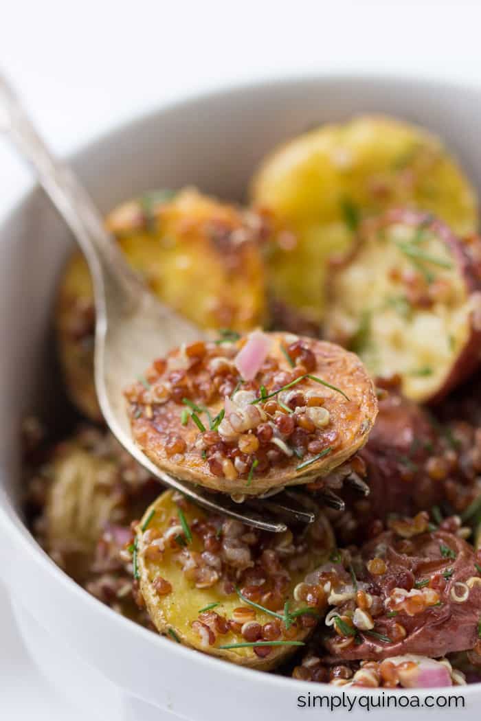 Roasted Potato + Red Quinoa Salad tossed in a shallot, caper + lemon dressing!