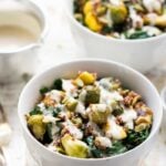 Roasted Delicata Squash + Brussel Sprout Quinoa Salad - drizzled in a creamy maple-tahini dressing | vegan | recipe on simplyquinoa.com