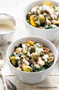 Roasted Delicata Squash + Brussel Sprout Quinoa Salad - drizzled in a creamy maple-tahini dressing | vegan | recipe on simplyquinoa.com