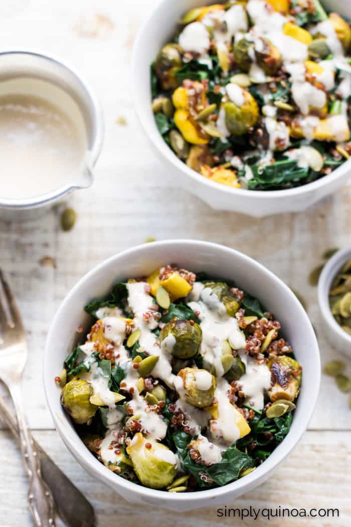 Kale + Red Quinoa Salad with roasted squash, baby brussel sprouts + a maple-tahini dressing | vegan | recipe on simplyquinoa.com