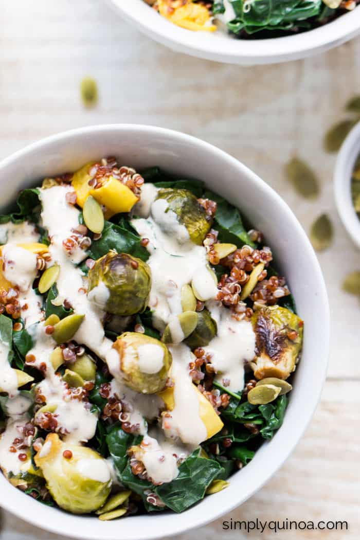 Kale + Red Quinoa Salad with roasted squash, baby brussel sprouts + a maple-tahini dressing | vegan | recipe on simplyquinoa.com