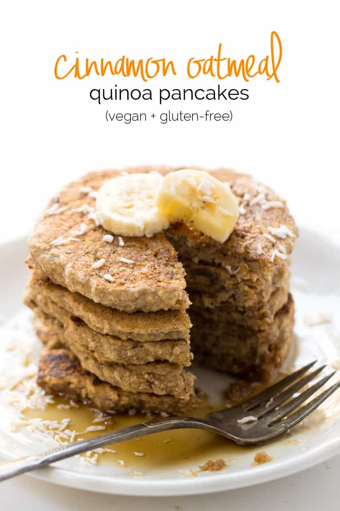 These VEGAN quinoa pancakes are filled with hearty oats, quinoa flakes and sprinkled with cinnamon | recipe on simplyquinoa.com