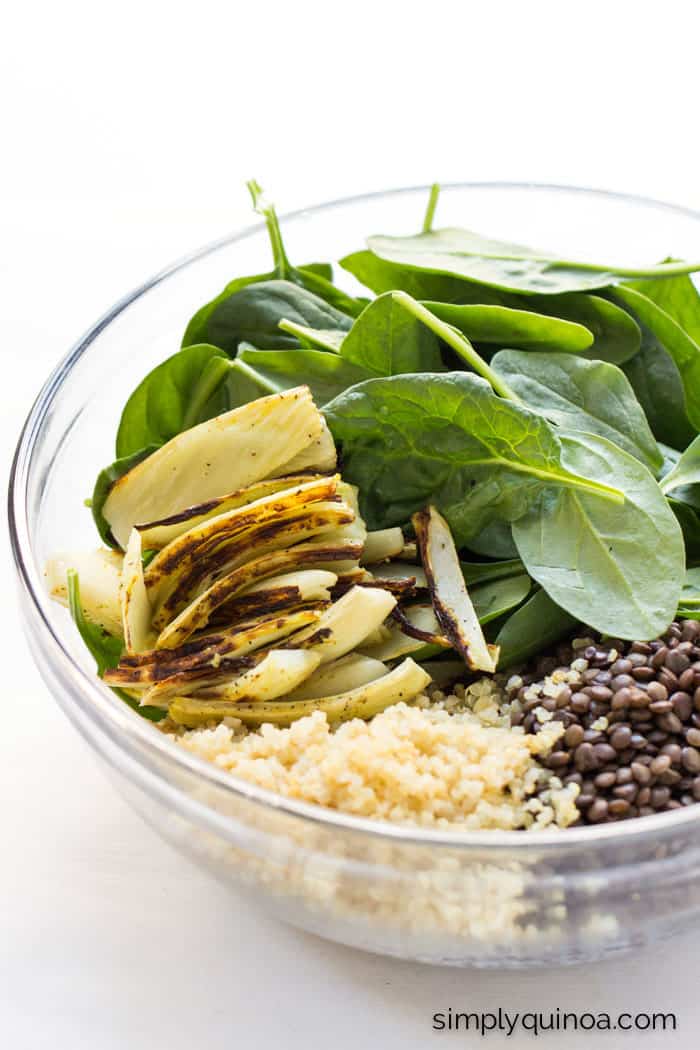 Warm Lentil Salad with Quinoa + Spinach, tossed in a maple-miso dressing