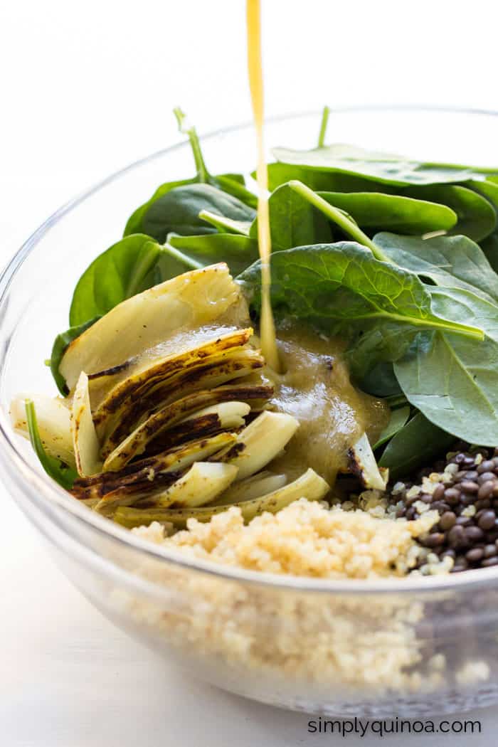 Warm Lentil Salad with Quinoa + Spinach, tossed in a maple-miso dressing